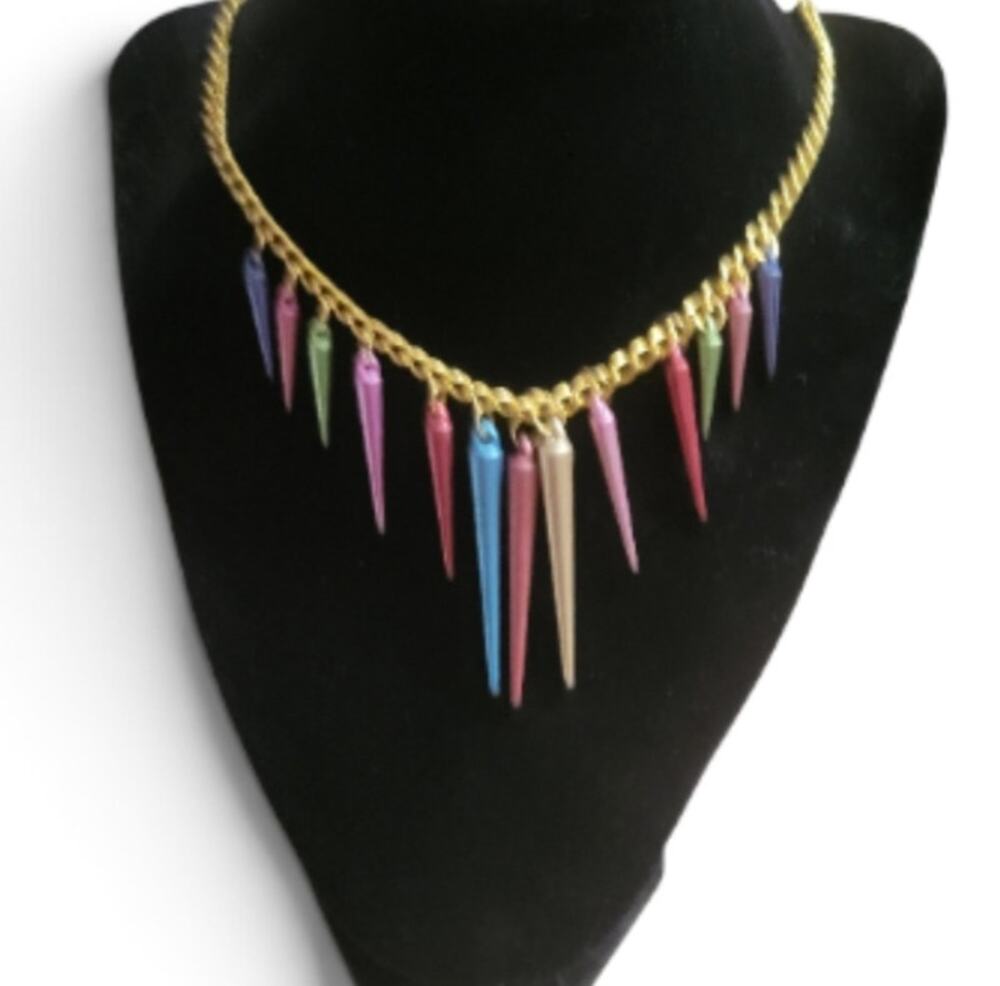 Long spiked colorful rainbow & gold tone chain necklace, lightweight acrylic